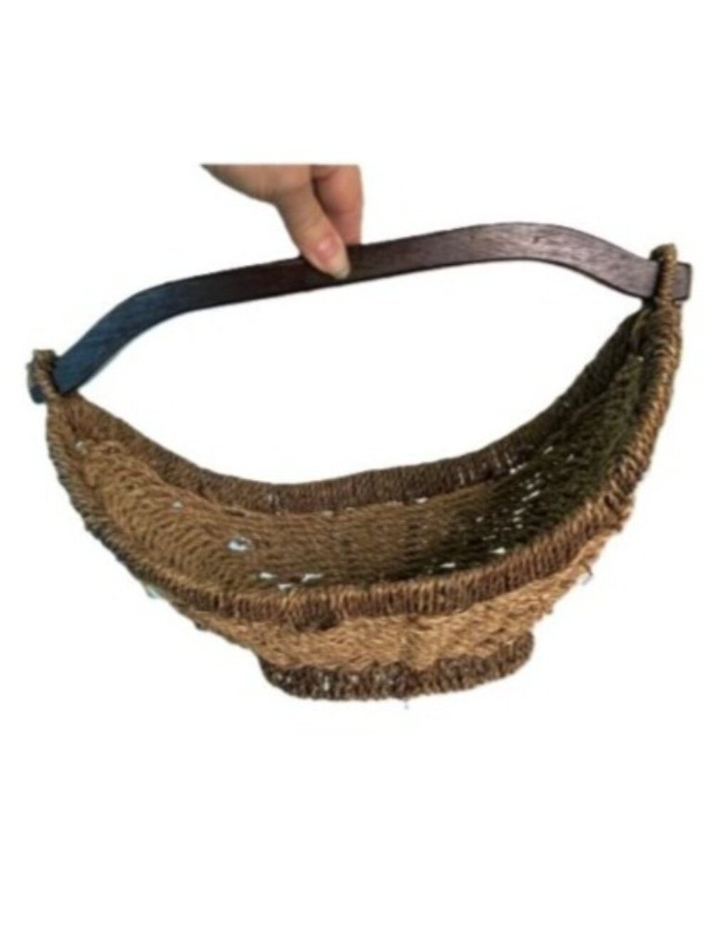 Vintage Basket Gondola Boat Shaped Natural Woven Fiber Wood Handle Rustic MCM